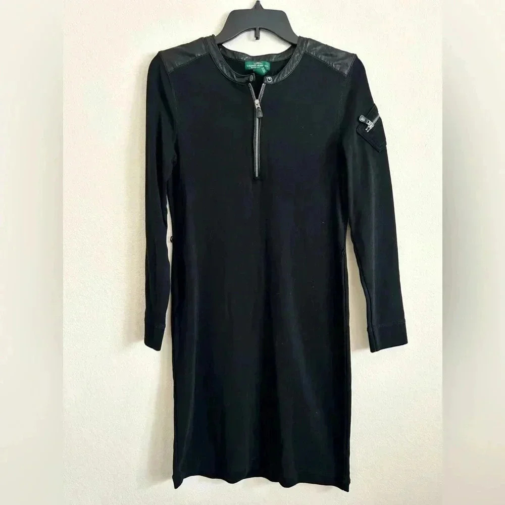 Lauren Ralph Lauren Black Midi Dress with leather and zipper details sz M